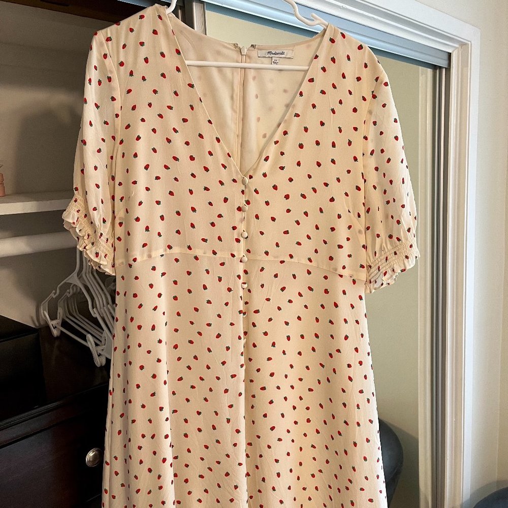 Madewell Silk Button-Front Dress with Strawberry Design